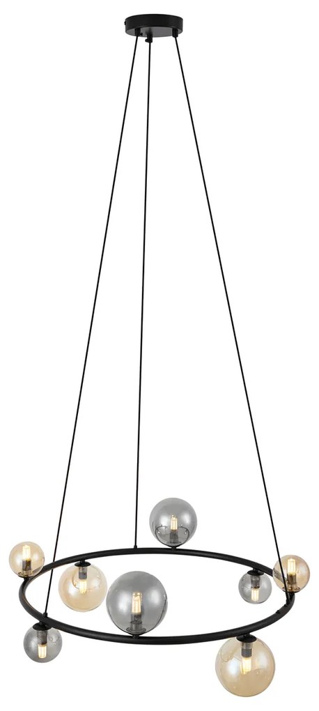 Candeeiro suspenso preto com vidro fumado e âmbar redondo 8 luzes - Monaco
