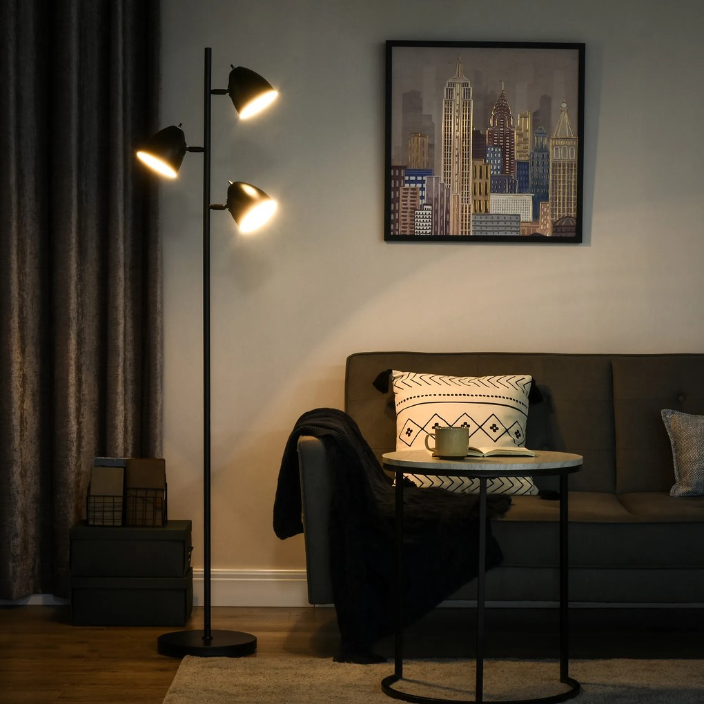 Candeeiro de pé para sala de estar, estilo industrial, com 3 abajures orientáveis em aço, 38 x 28 x 169 cm, preto