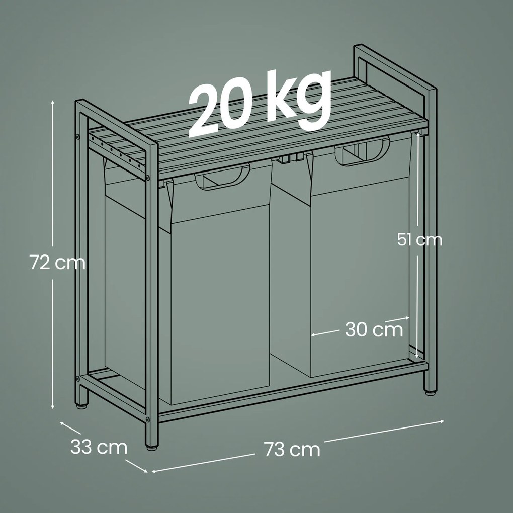 Cesto para roupa suja com 2 compartimentos e uma prateleira 73 x 33 x 72 cm branco + cinza claro