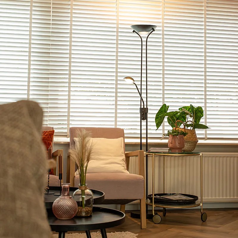 Candeeiro de pé moderno preto com luz de leitura incl. LED dim to warm - Diva