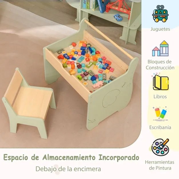 Conjunto de mesa e cadeira para crianças de actividades em madeira para crianças com tampo de mesa amovível 2 em 1 Verde