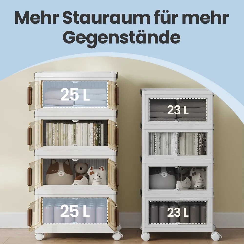 Caixas com tampa, Organizador com rodas, 4 níveis, 26 x 45 x 91 cm Branco