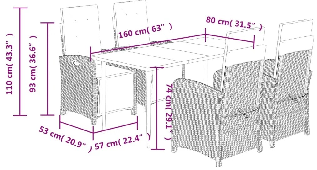 5 pcs conjunto de jantar p/ jardim com almofadões vime PE bege