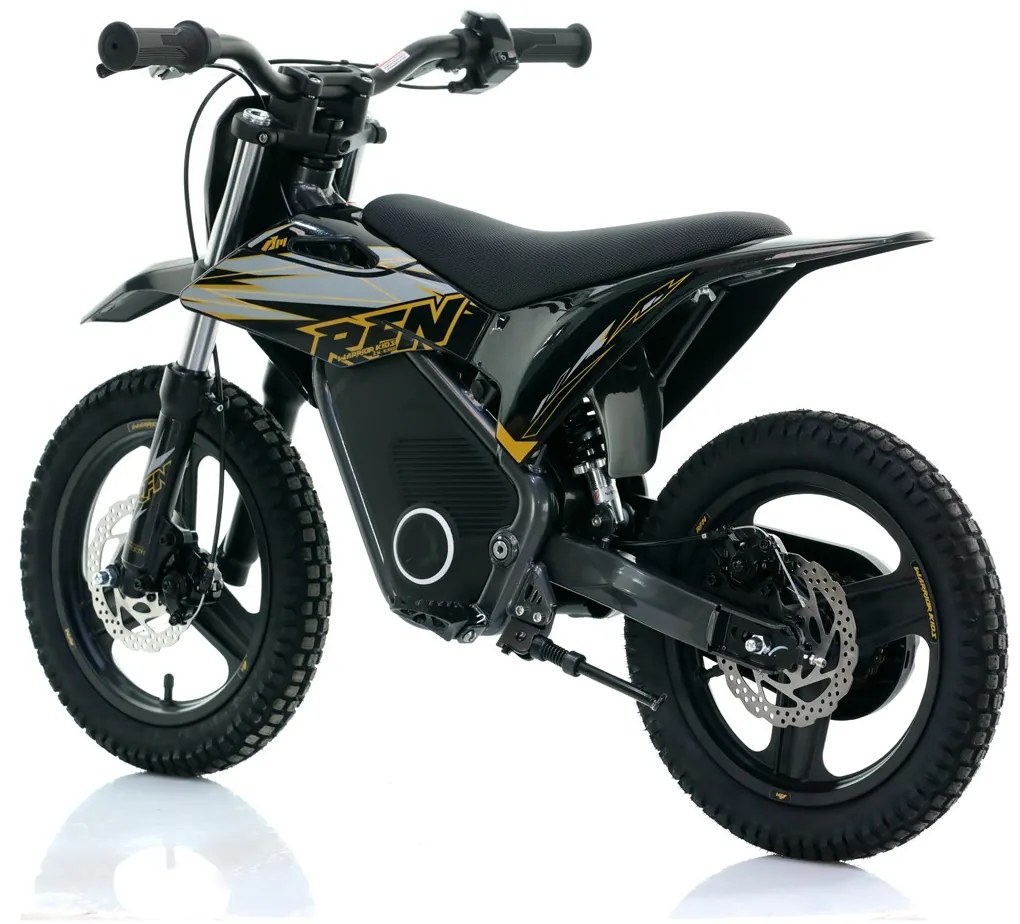Mini moto elétrica para crianças velocidade até 30Km/h C/Limitador RFN Warrior SX-E350 14/14” 350W Preta e Dourada