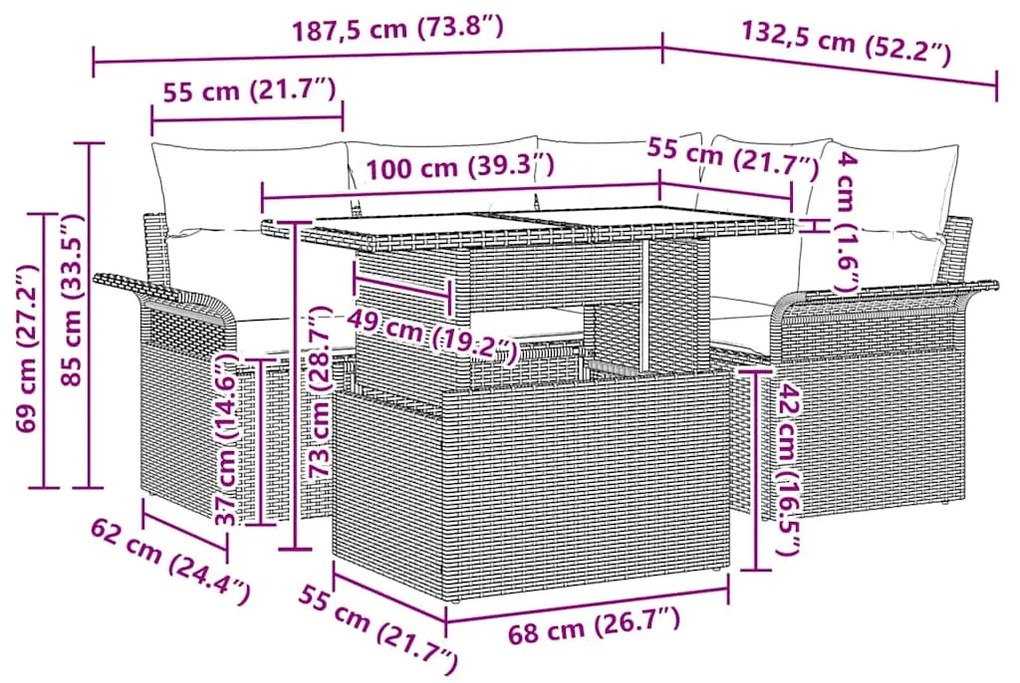 Conjunto de Sofá de Jardim de 5 Peças com Almofadas Castanho Rattan Po