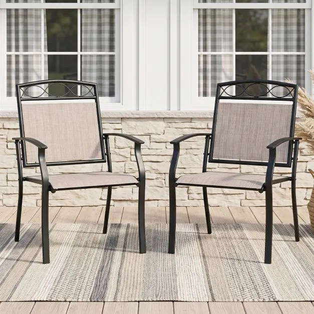 Conjunto de 2 Cadeiras de Jardim, 60,5 x 73 x 92,5 cm, Tecido Textilene Resistente ao Exterior, Castanho+Preto