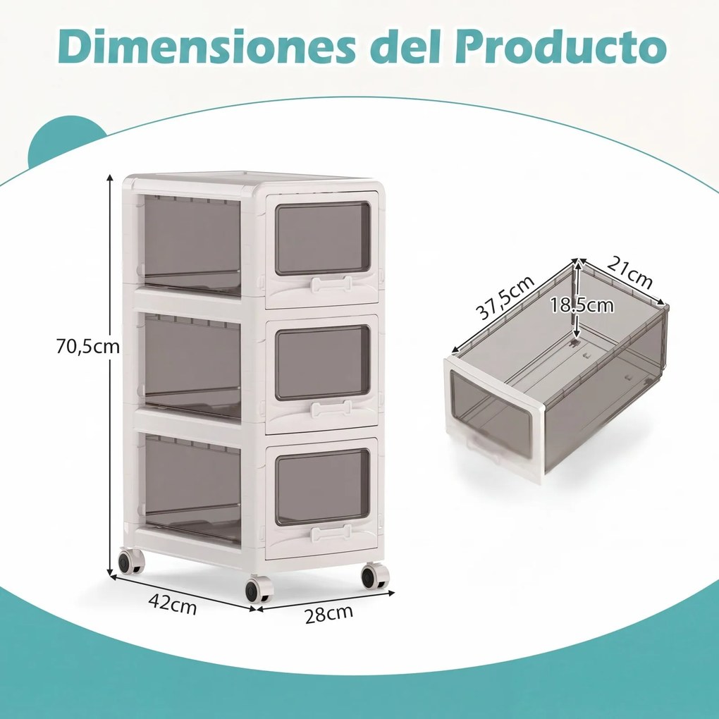 Carrinho de Arrumação com 3 Gavetas, 42 x 28 x 70,5 cm, Gavetas Transparentes, Branco