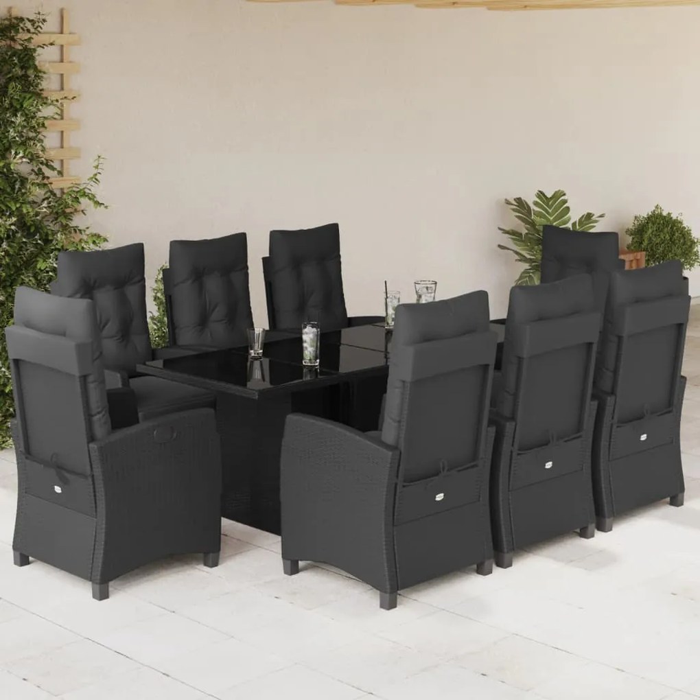 9 pcs conjunto de jantar p/ jardim c/ almofadões vime PE preto