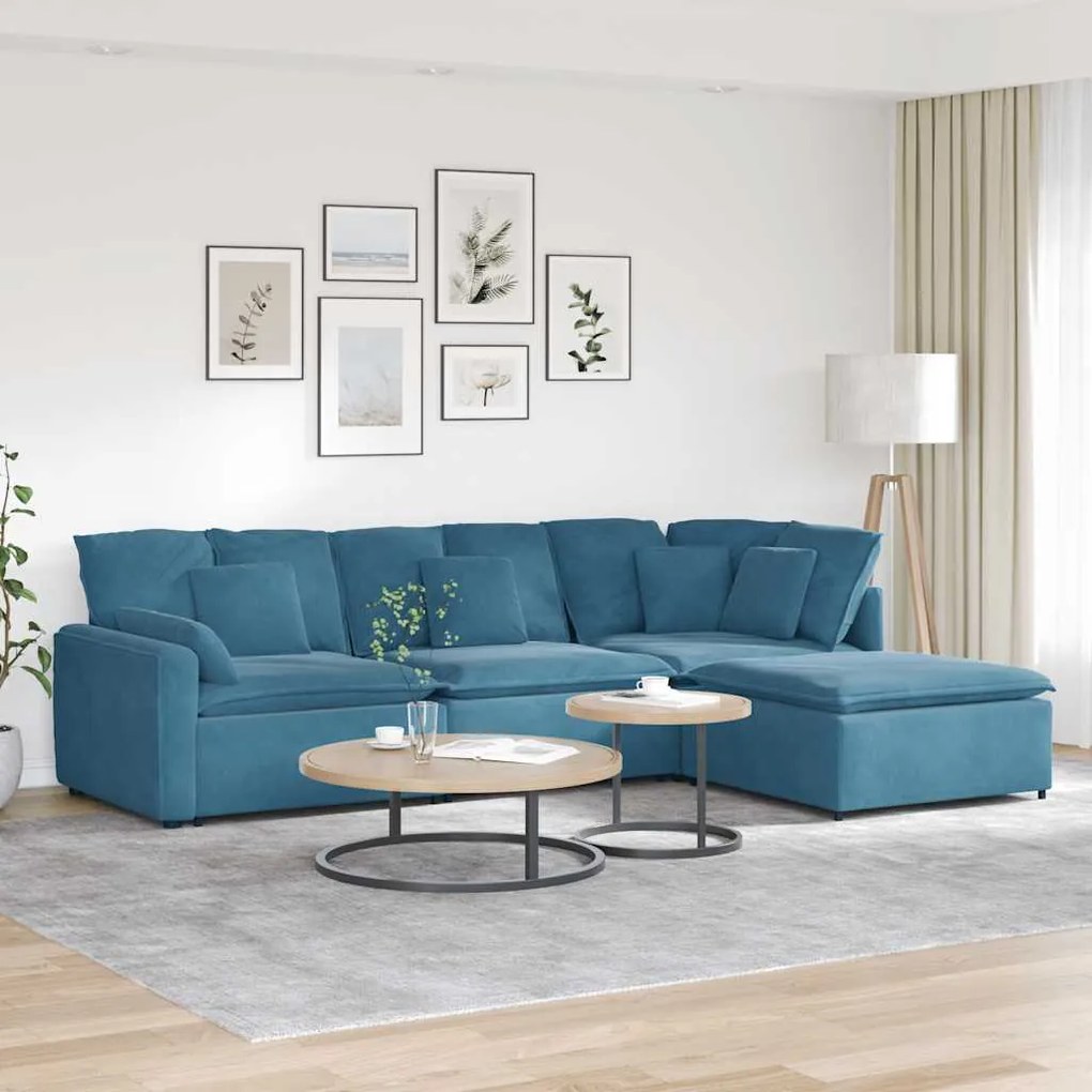 vidaXL Sofá modular com pufes e almofadas veludo azul