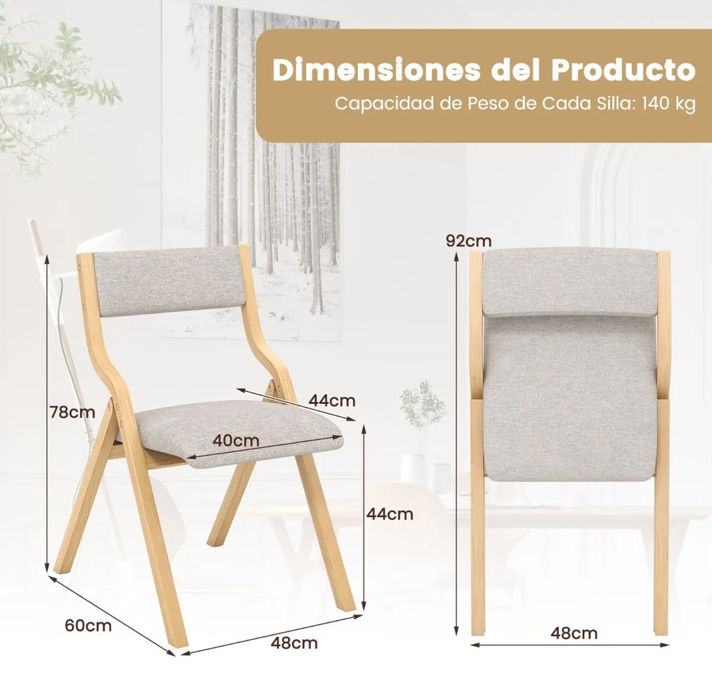 Conjunto de 2 cadeiras dobráveis (MESA NÃO INCLUIDA) de madeira com assento acolchoado em tecido de linho, sem braços, para convidados, 48 x 60 x 78 c