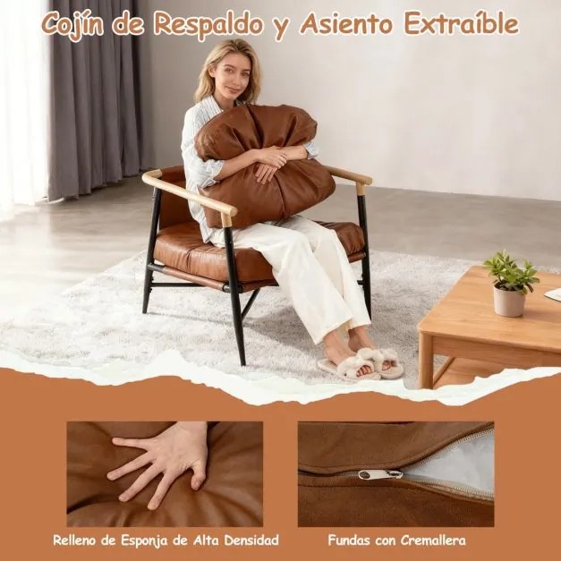 Poltrona de meados do século em couro sintético, com almofada de encosto removível e estrutura metálica, para sala de estar, quarto ou escritório, cor