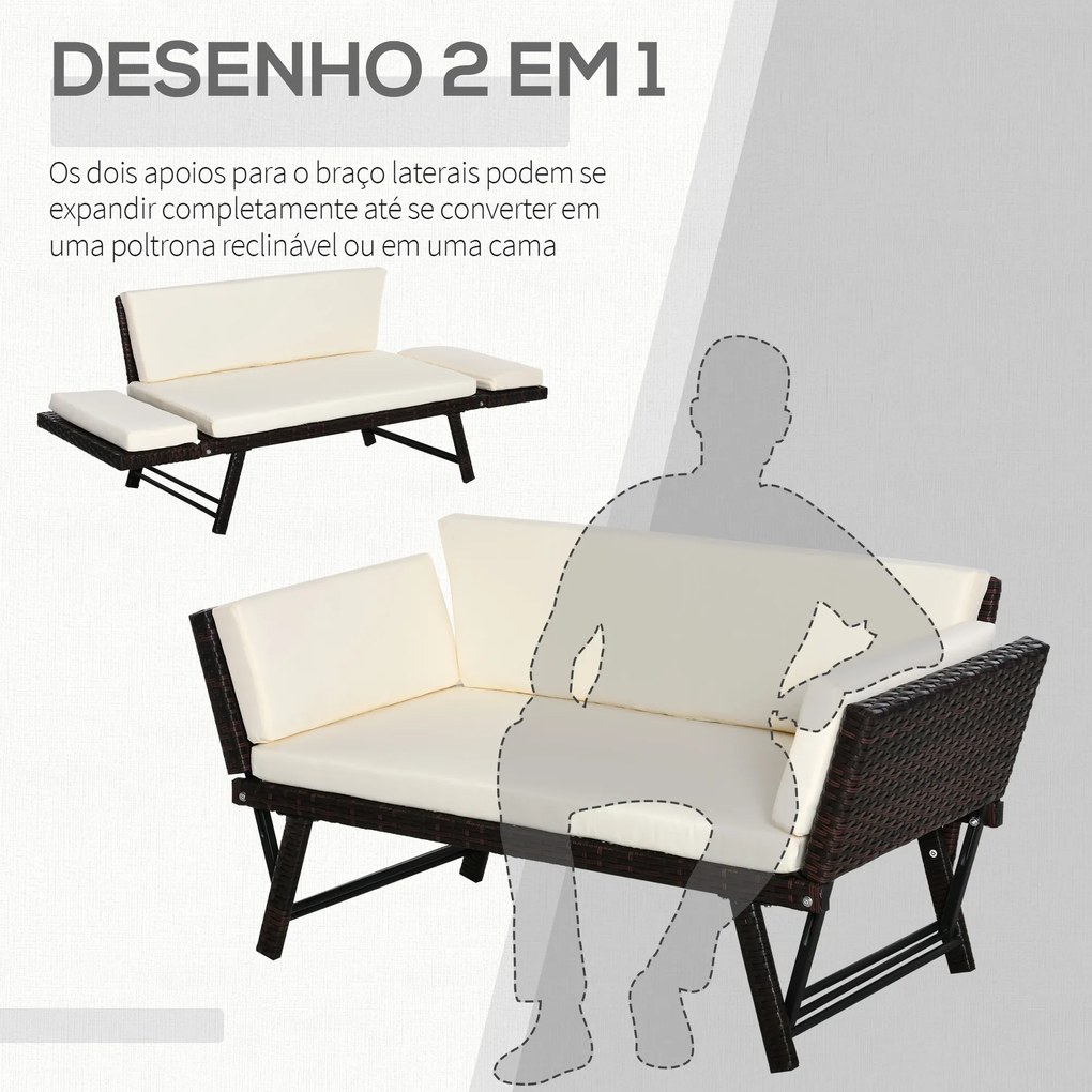 Sofá de 2 Lugares Vime Sintético Convertível em Cama Sofá de Jardim Exterior com Almofada Mobiliário Pátio Terraço 129x63x67 cm Castanho e Bege