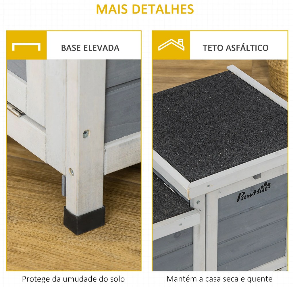 PawHut Coelheira de Madeira de Exterior Casa Elevada para Coelhos Roedores com Tetos Asfálticos Abatível e 2 Portas Convertíveis em Rampas 70x43x45cm Cinza