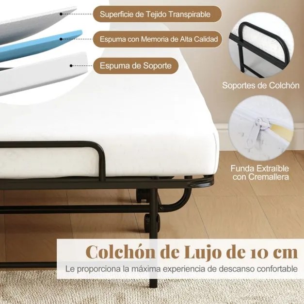 Cama portátil dobrável com colchão Estrutura metálica Rodas com fecho 194 x 90 x 40cm Branco
