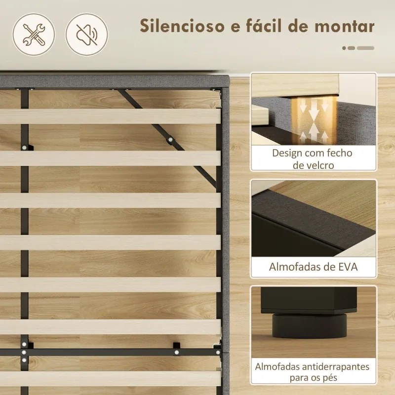 Cama 140x200 cm (COLCHÃO NÃO INCLUIDO) com Luzes LED Estofada em Linho Ripas de Madeira Silenciosa Fácil de Montar Cinzento