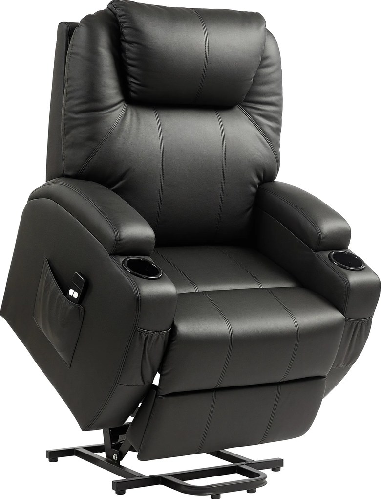 HOMCOM Poltrona de TV com ajuda elétrica para levantar, poltrona relax com função de deitar, controle remoto, porta-copos, bolso lateral, apoio para os pés, couro sintético, preto | Aosom Portugal