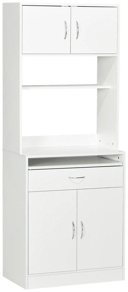 HOMCOM Armário de Cozinha com 4 Portas Bandeja Amovível Prateleira Ajustável Gaveta e Bancada para Micro-Ondas 70x40x180 cm Branco