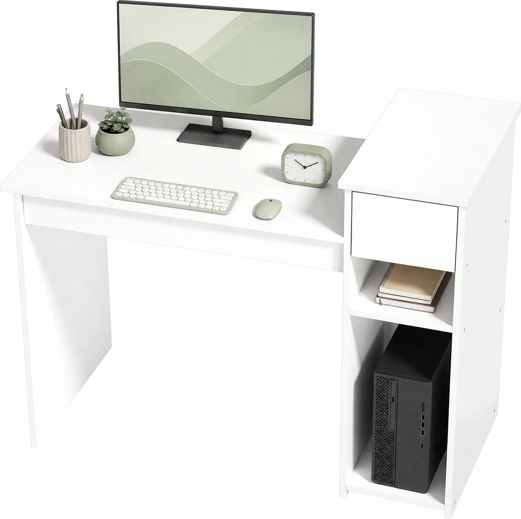 Secretária para computador com gaveta e prateleira, secretária com suporte para a unidade central, 108 x 50 x 82 cm, branco