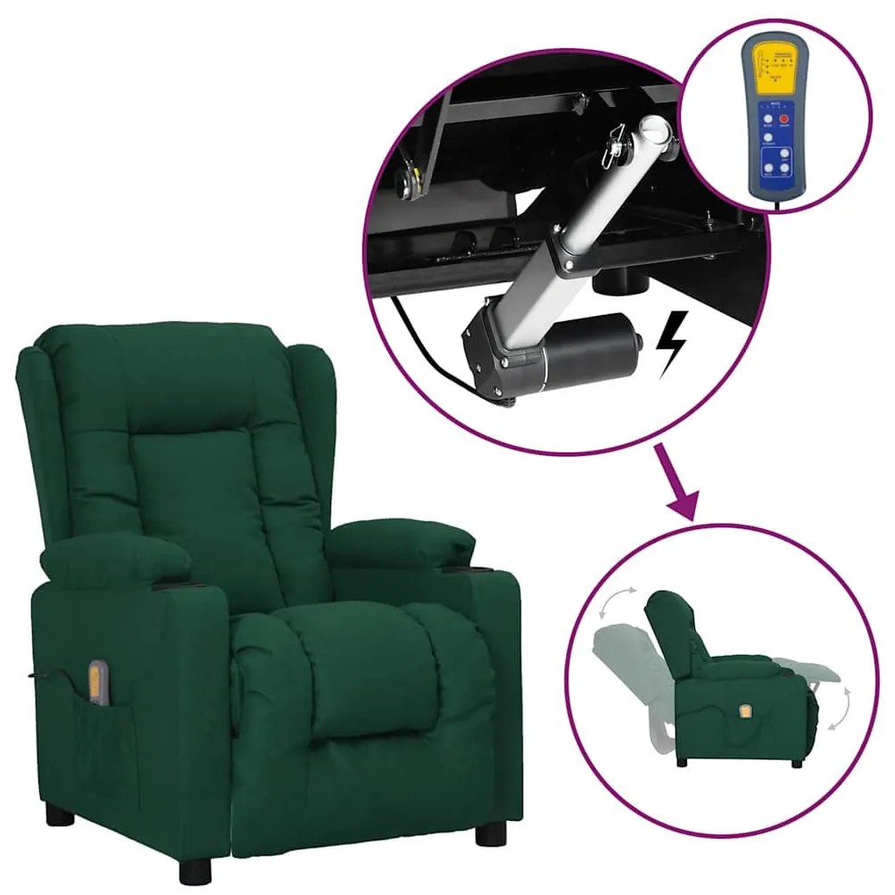 vidaXL Poltrona elevatória de massagens tecido verde-escuro