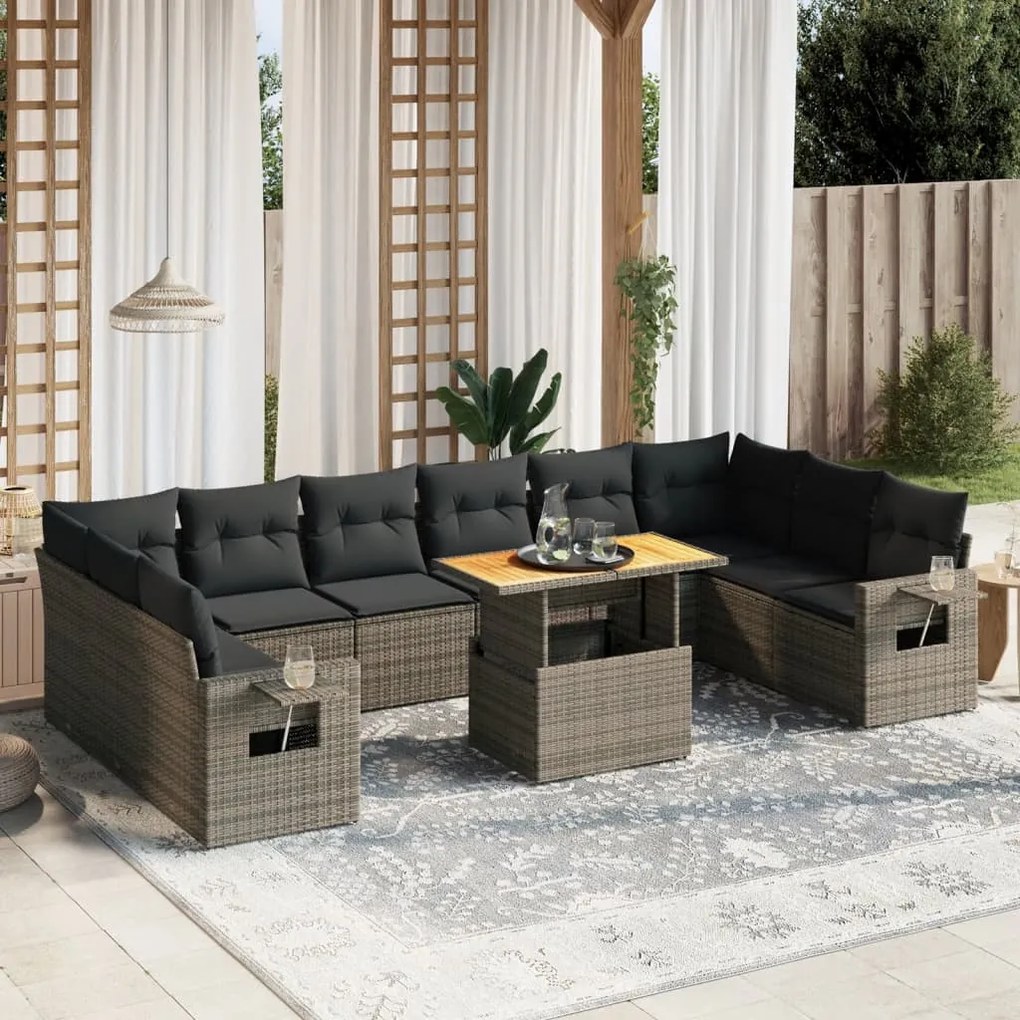 11 pcs conjunto sofás de jardim c/ almofadões vime PE cinzento
