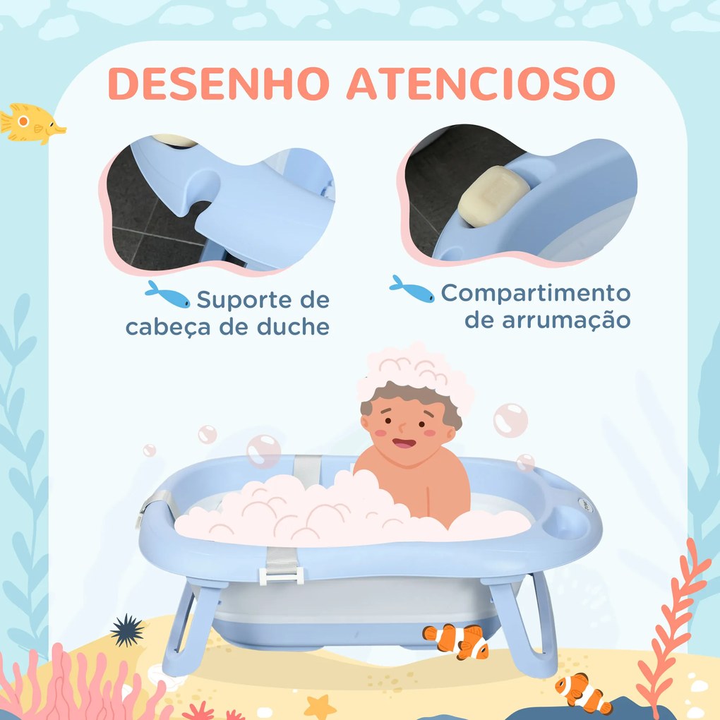 Banheira para Bebé Recém Nascido Dobrável 40L com Almofada Pés Antiderrapantes Orifício de Drenagem e 83x48x23,5 cm Azul