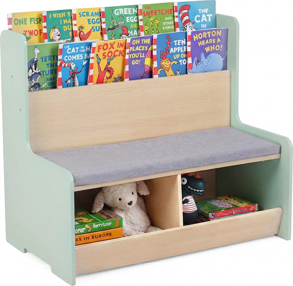 Banco com arrumação infantil 80 x 48 x 74,5 cm, 3 em 1, almofada acolchoada, capa removível, estante e compartimentos abertos para crianças a partir