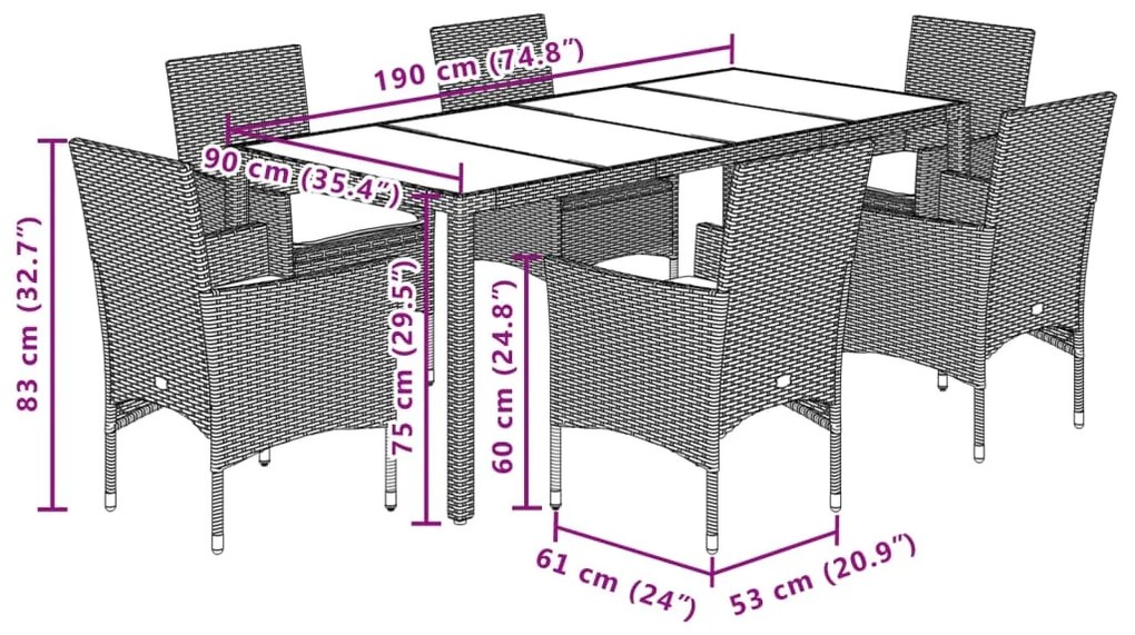 7 pcs conjunto jantar jardim c/ almofadões vime PE/vidro cinza