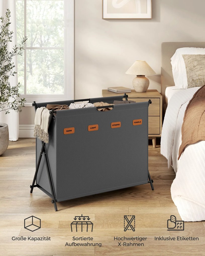 Cesto para roupa suja 155 litros com 4 compartimentos cinza ardósia