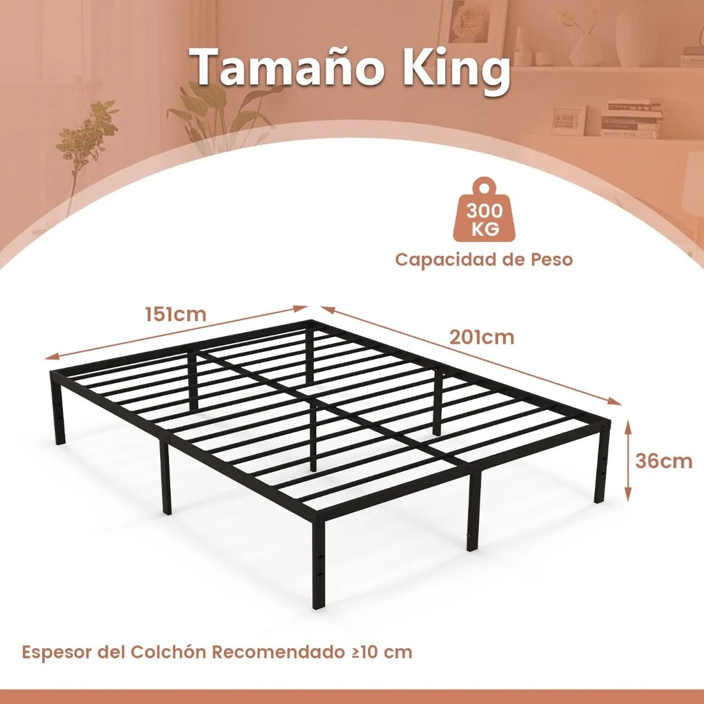 Estrutura de cama de metal simples e resistente de tamanho 201 x 151 x 36 cm com suporte de ripas de ferro e arrumação Preta