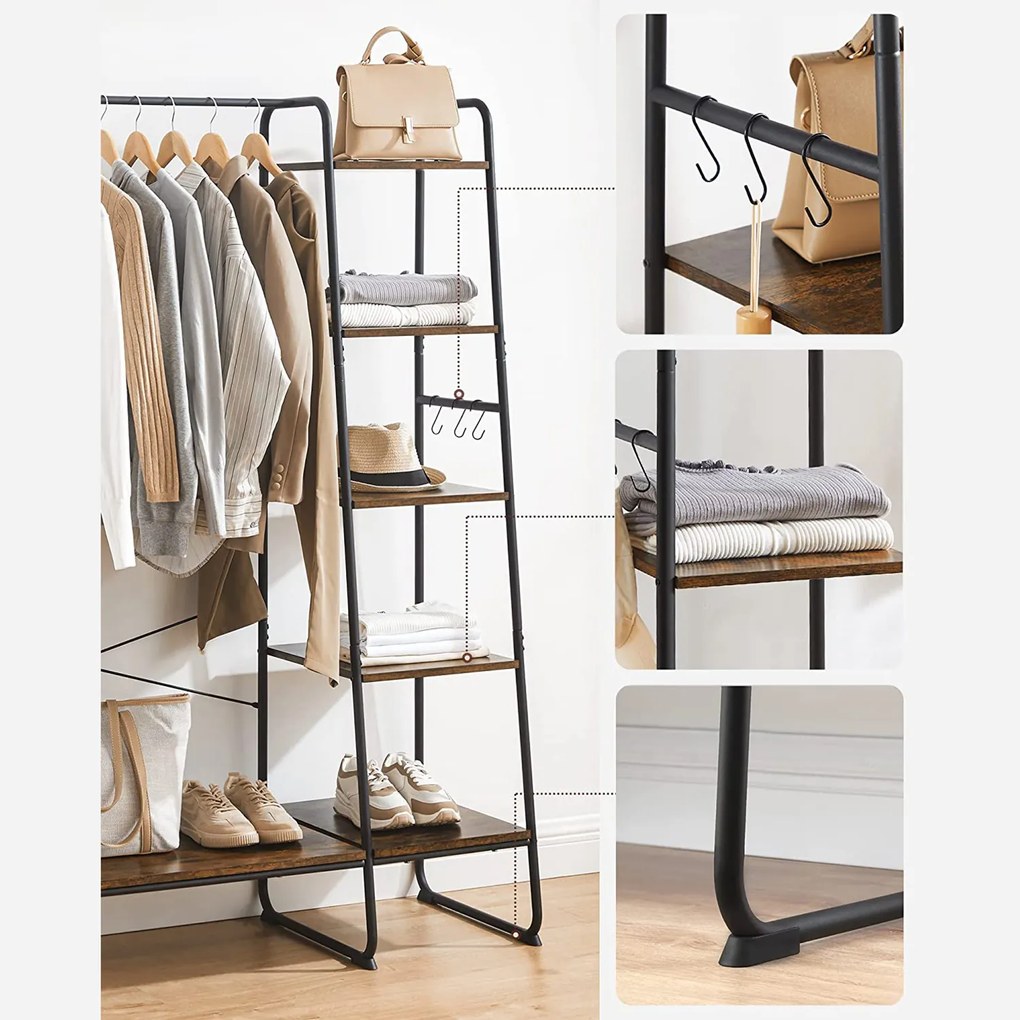 Cabide Guarda Roupa com prateleiras e ganchos 45 x 120 x 160 cm Castanho Vintage e Preto