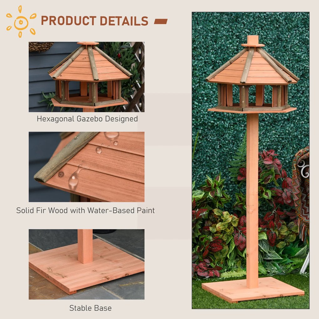 Casa para Pássaros de Pé de Madeira Maciça Ø52x130cm com Teto Comedouro para Aves Silvestres para Exterior Jardim Natural