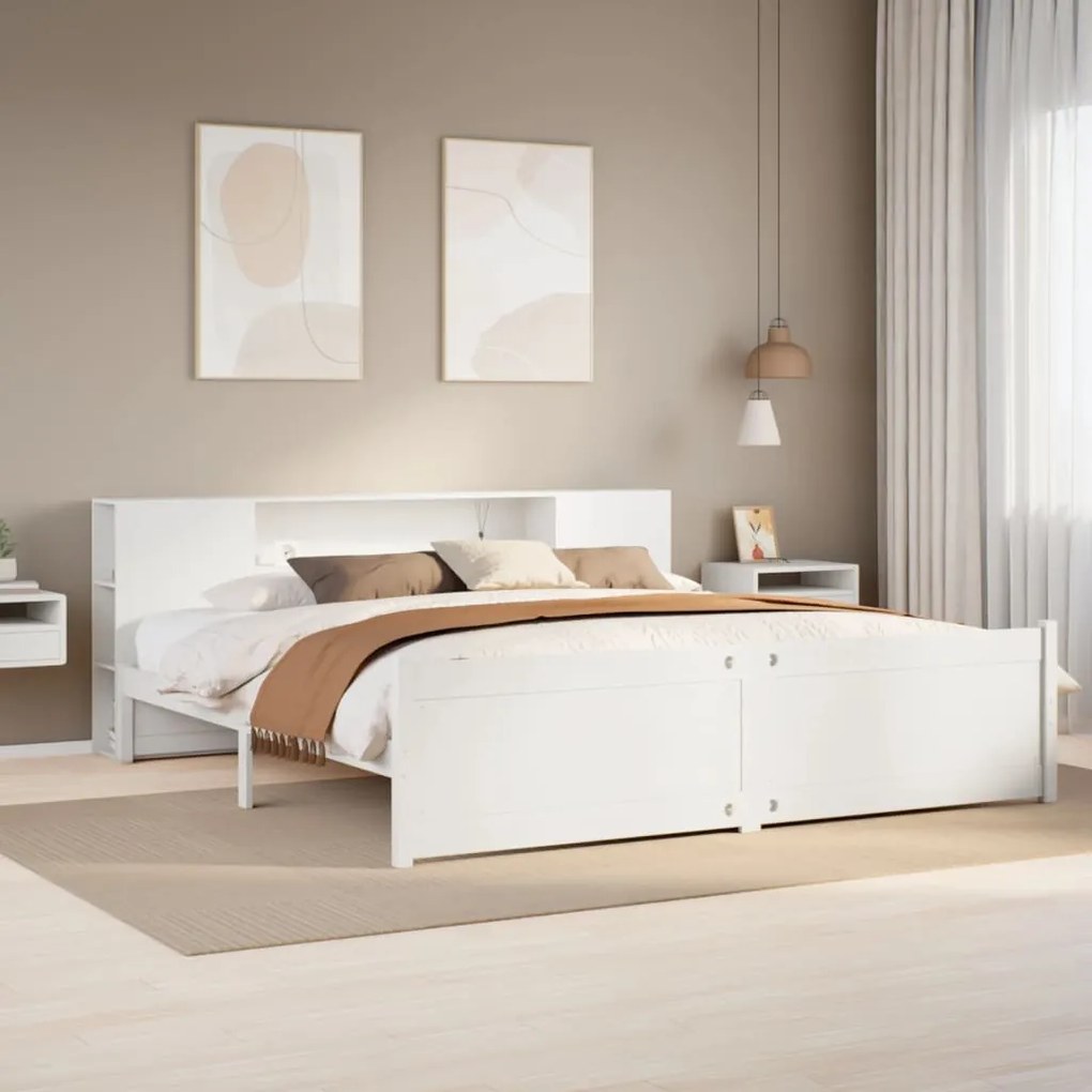 vidaXL Cama com estante sem colchão 200x200 cm pinho maciço branco