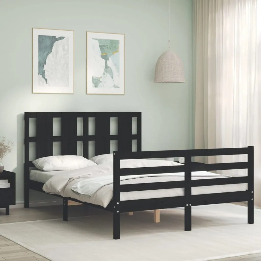 Estrutura de cama de casal com cabeceira madeira maciça preto