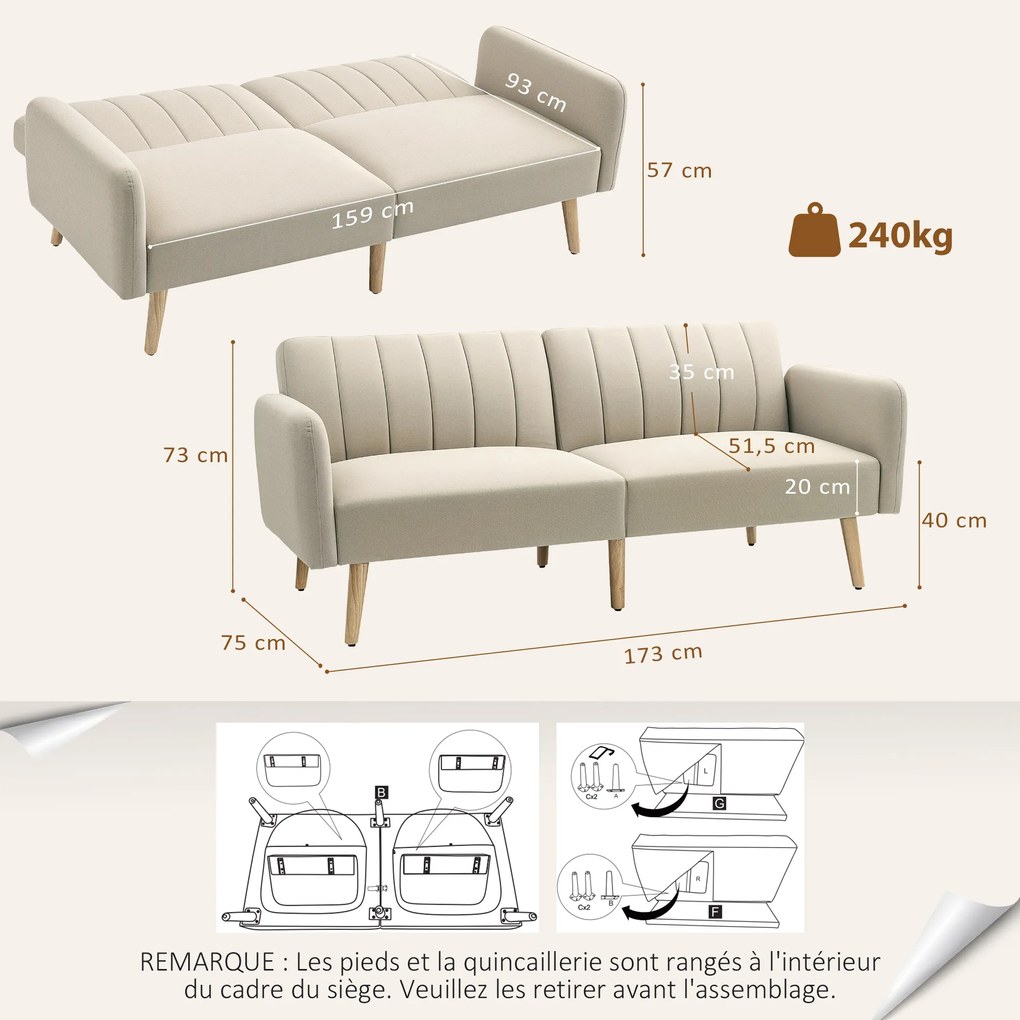 Sofá-cama de 2 lugares, design escandinavo, encosto reclinável em 3 posições, pés de madeira, tecido com efeito de linho bege