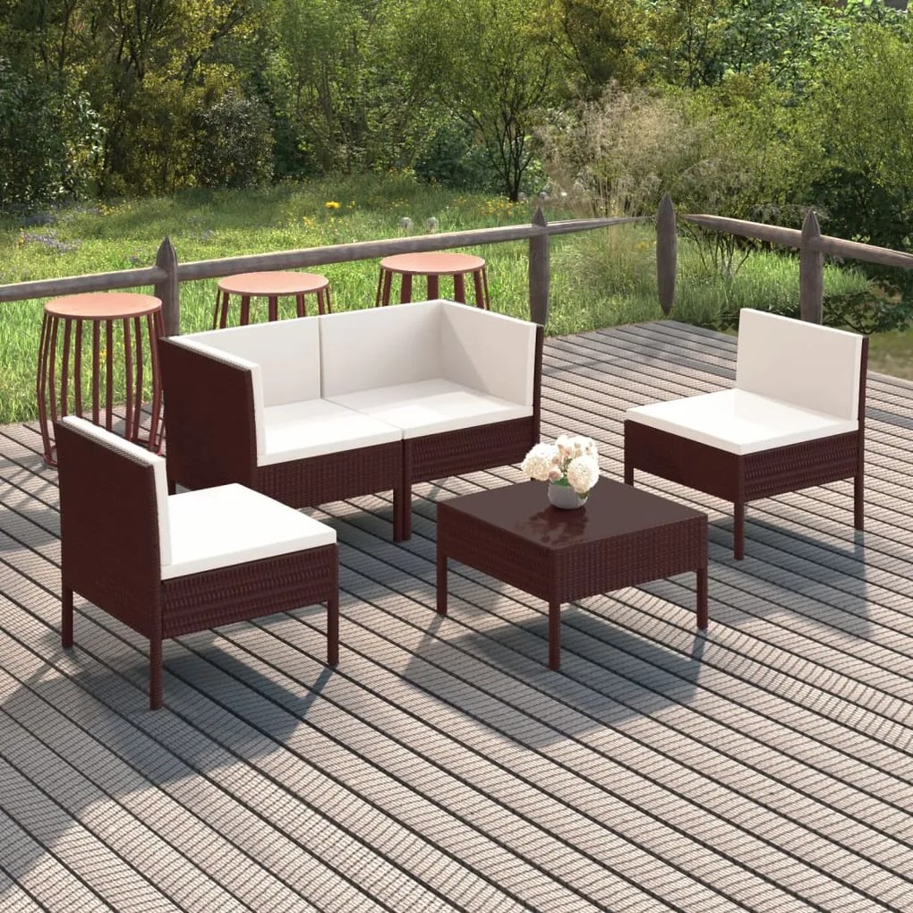 vidaXL 5 pcs conjunto lounge jardim c/ almofadões vime PE castanho