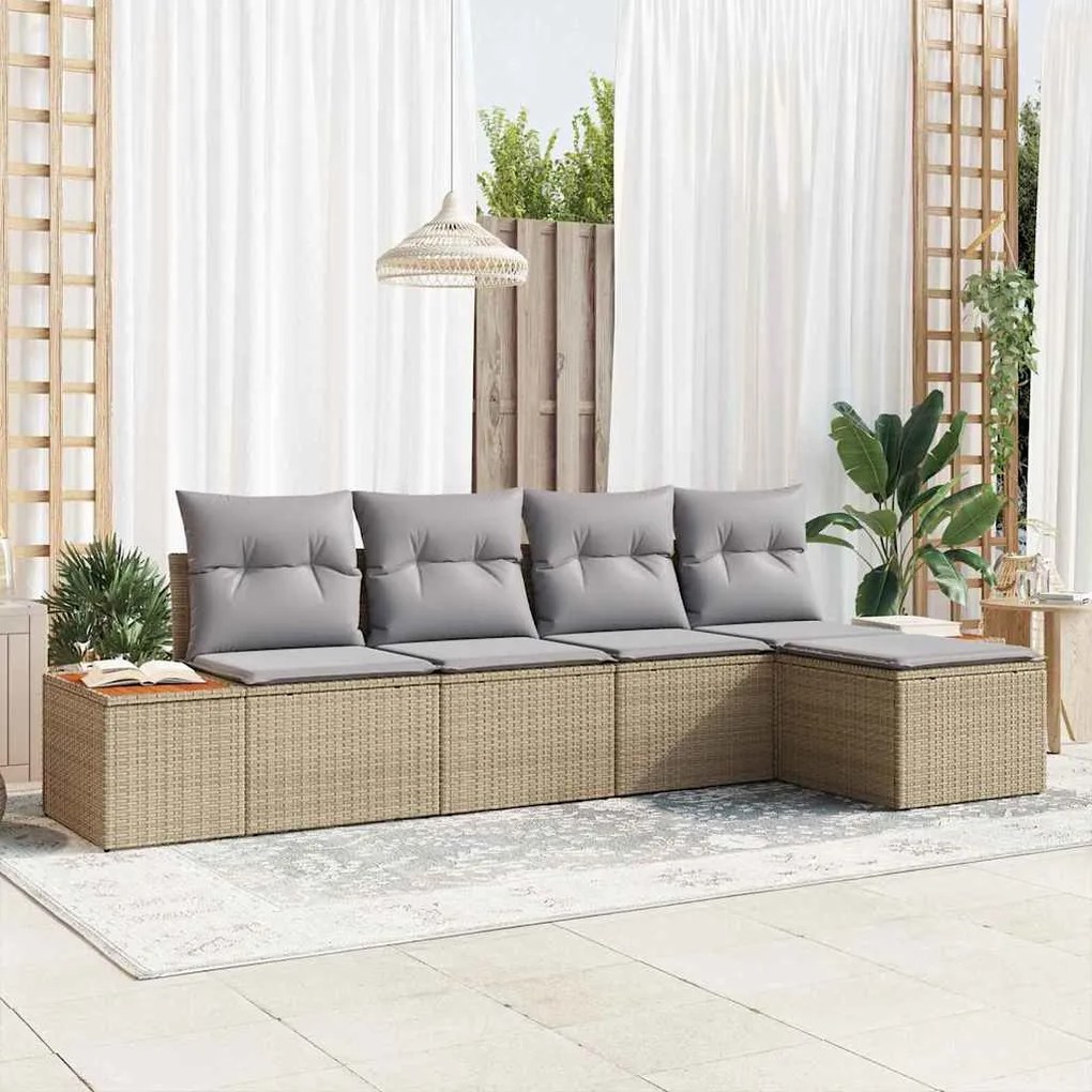 vidaXL Conjunto de Sofá de Jardim com Almofadas em Bege, Rattan de Polietileno e Acácia - 5 Peças.