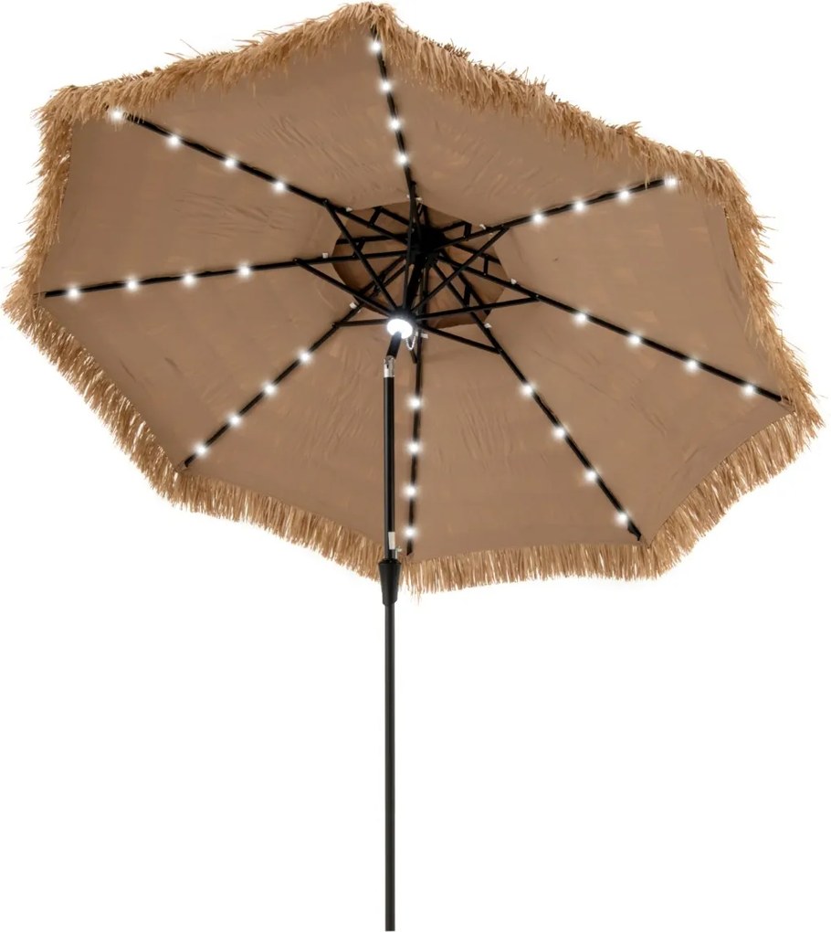Guarda-sol de 313 cm com luzes LED Estilo havaiano Cabo basculante Palha PE Natural + Preto