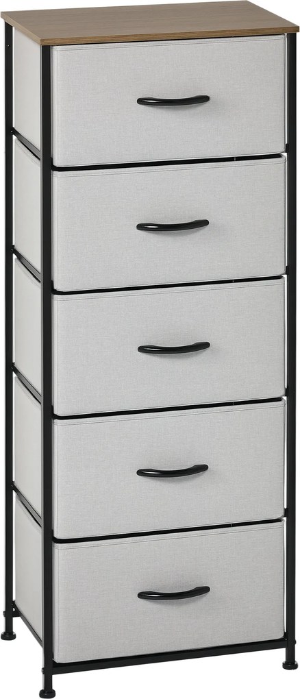 Cómoda com 5 gavetas 45 x 30 x 116 cm, móvel de arrumação com gavetas em tecido dobrável - estrutura em aço preto - cinzento