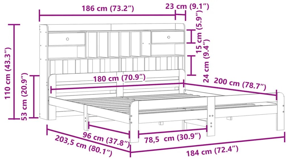 Cama com estante sem colchão 180x200 cm pinho maciço