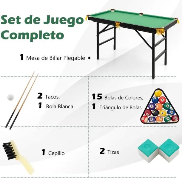 Mesa de jogo portátil mini dobrável com tacos, giz, bolas, triângulo e escova para crianças e adultos 122 cm x 64 cm x 78 cm Verde
