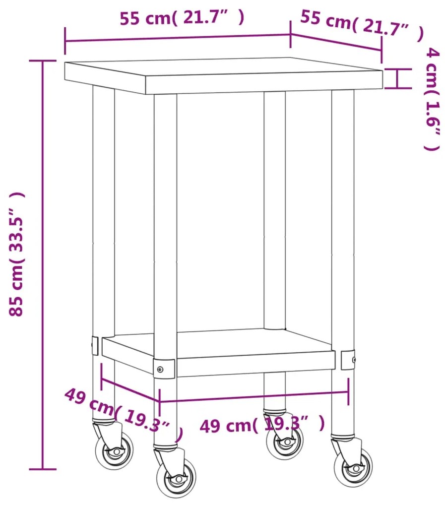 Mesa de trabalho de cozinha c/ rodas 55x55x85 cm aço inoxidável