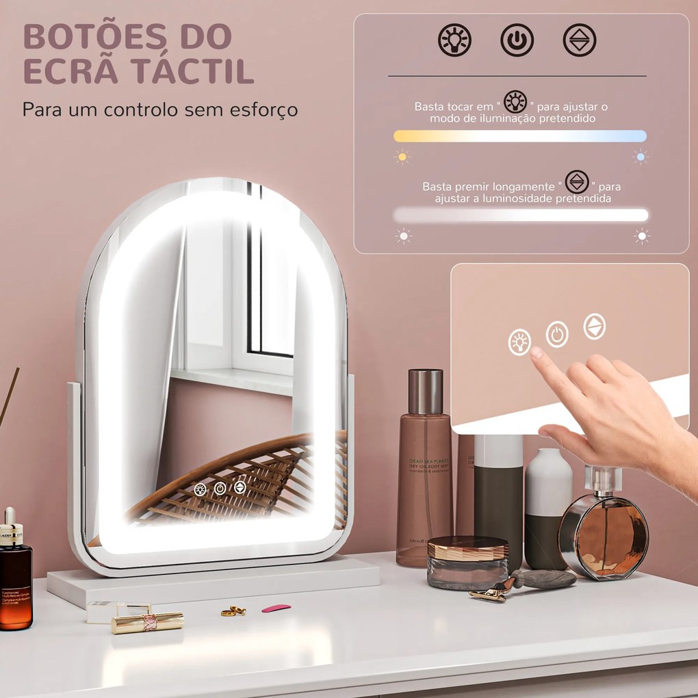 Espelho de Maquilhagem com Luz LED Giratório com 3 Modos de Iluminação Rotação Regulável de 360° e Função de Memória Branco