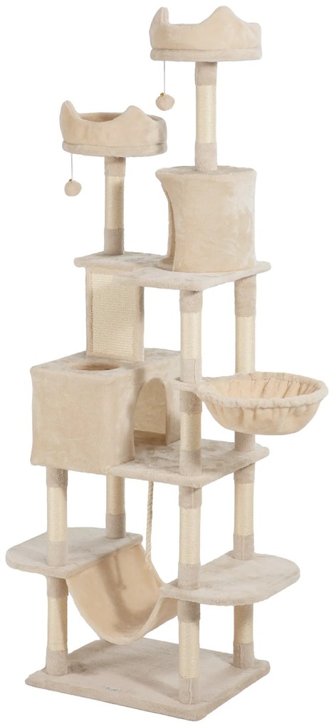 PawHut Arranhador para Gatos Grande Altura 173 cm Torre para Gatos com Plataformas Caverna Bolas Suspensa e Rede Bege