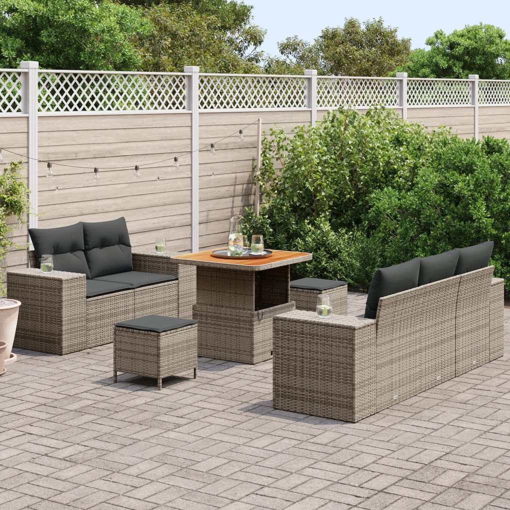 Conjunto de Sofá de Jardim de 8 Peças com Almofadas Cinza Polirattan A