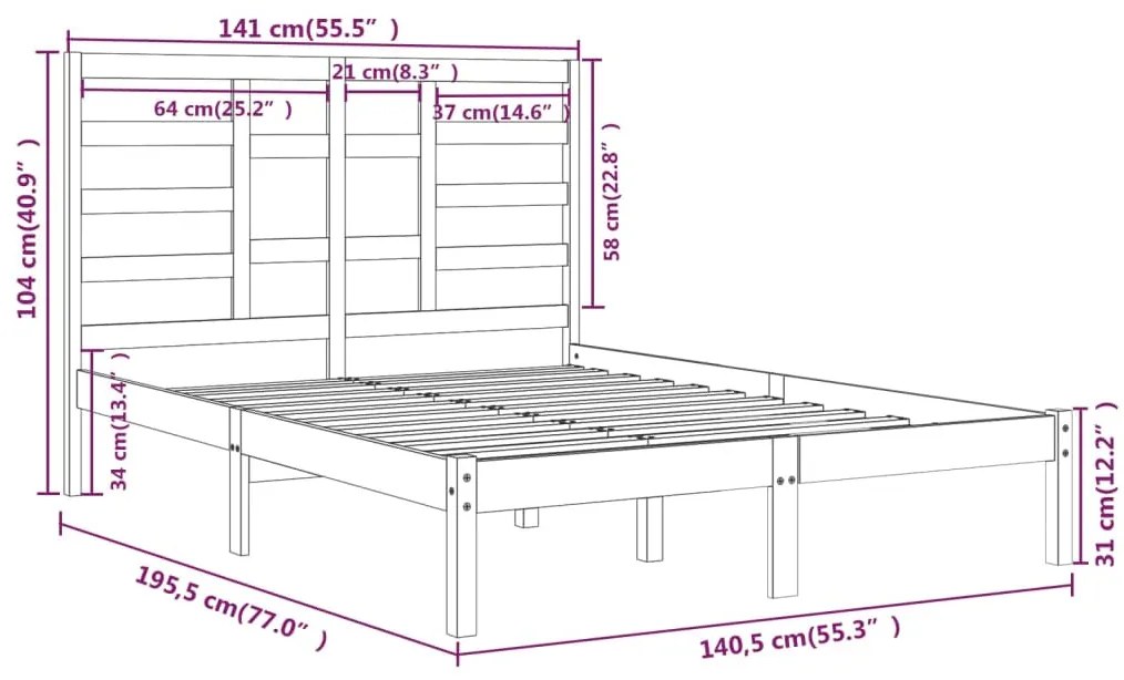 Estrutura de cama dupla 135x190 cm madeira maciça cinzento