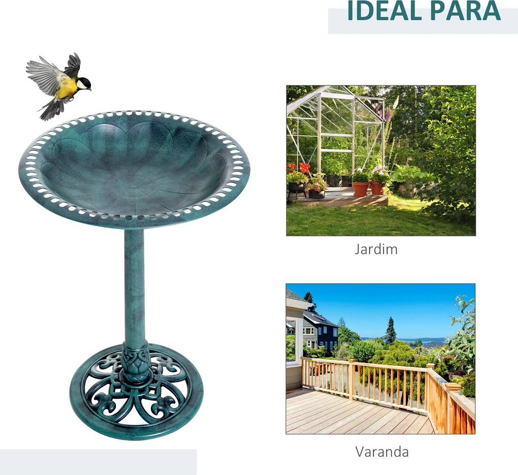 Banho para Pássaros de Jardim Exterior com Design de Flor e Acabamento Envelhecido Leve e Resistente Verde