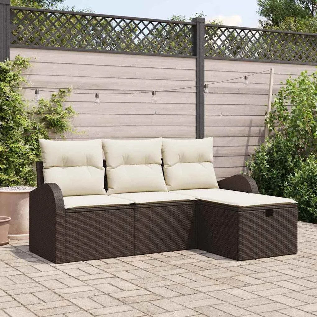 Conjunto de Sofá de Jardim de 4 Peças com Almofadas Castanho Poliratta