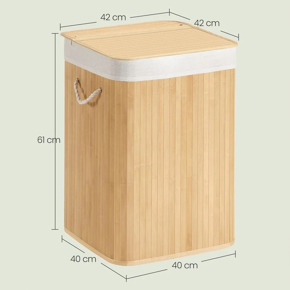 Cesto da roupa suja, com tampa de 95 L, em bambu 40 x 40 x 61 cm cor natural