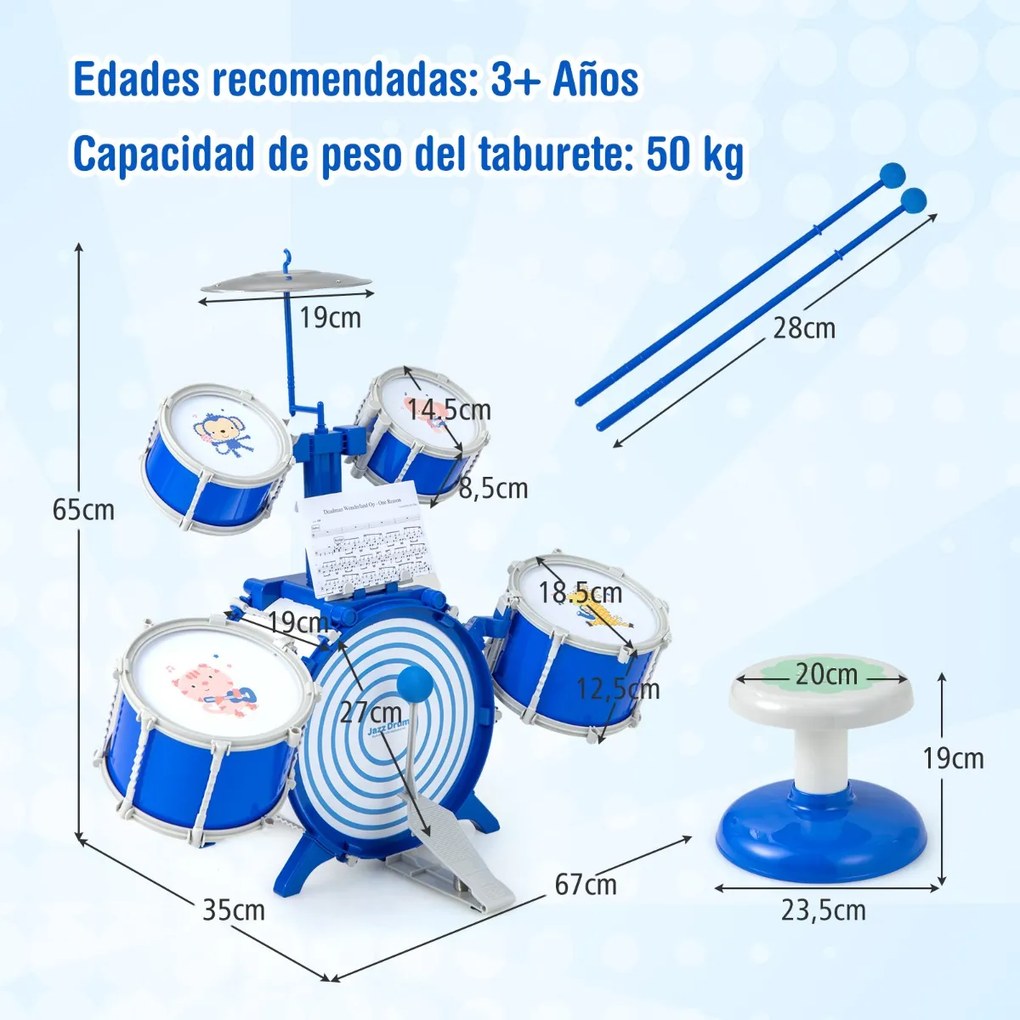 Conjunto de bateria infantil com 5 tambores jazz rock com bombo, 1 prato, 2 baquetas e 1 pedal para maiores de 3 anos. Azul