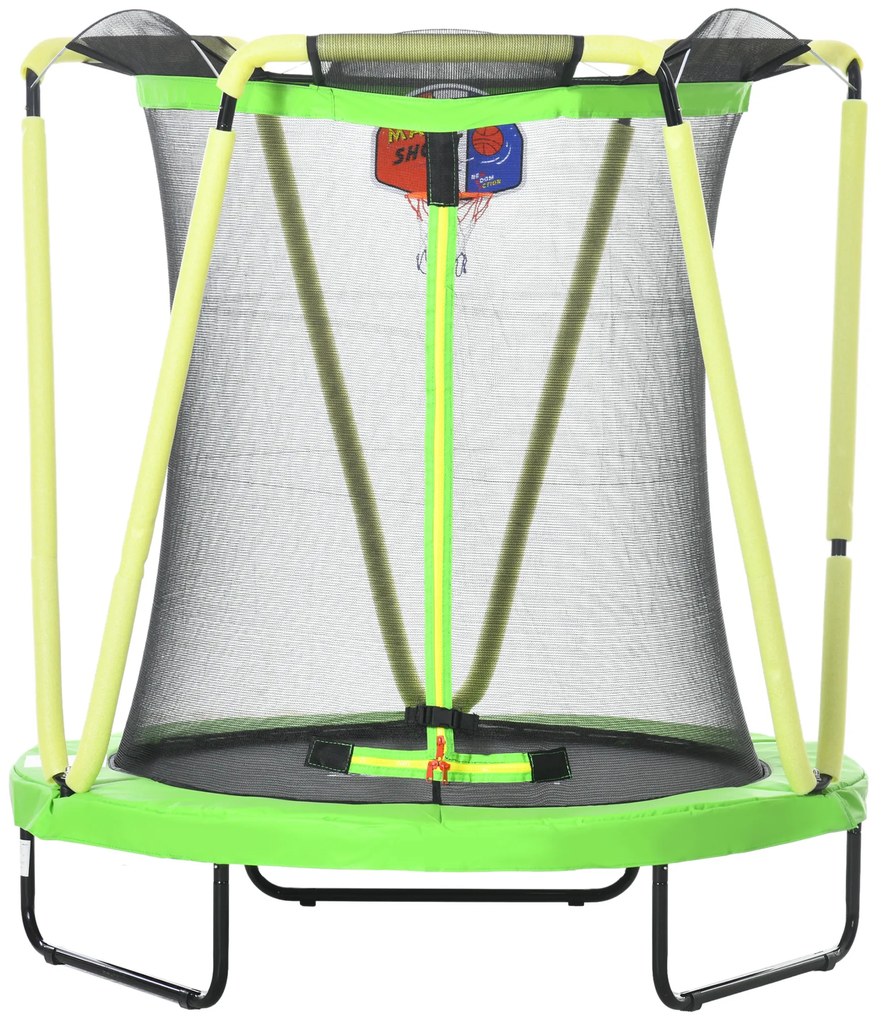 ZONEKIZ Trampolim Infantil Ø140x155 cm Trampolim para Crianças de 3-10 Anos com Cesta de Basquetebol e 20 Bolas de Plástico Verde